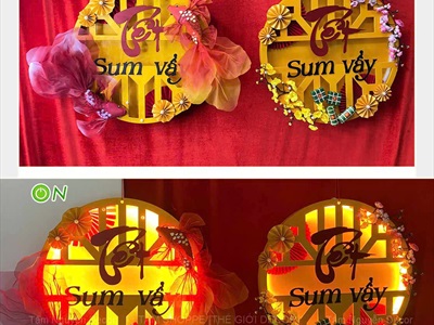 [Order 3 - 5 ngày] Vòng treo cửa Tết Sum Vầy đèn Led [Bằng gỗ - Cắm điện] ĐK 60cm BANGTREO-TET-01